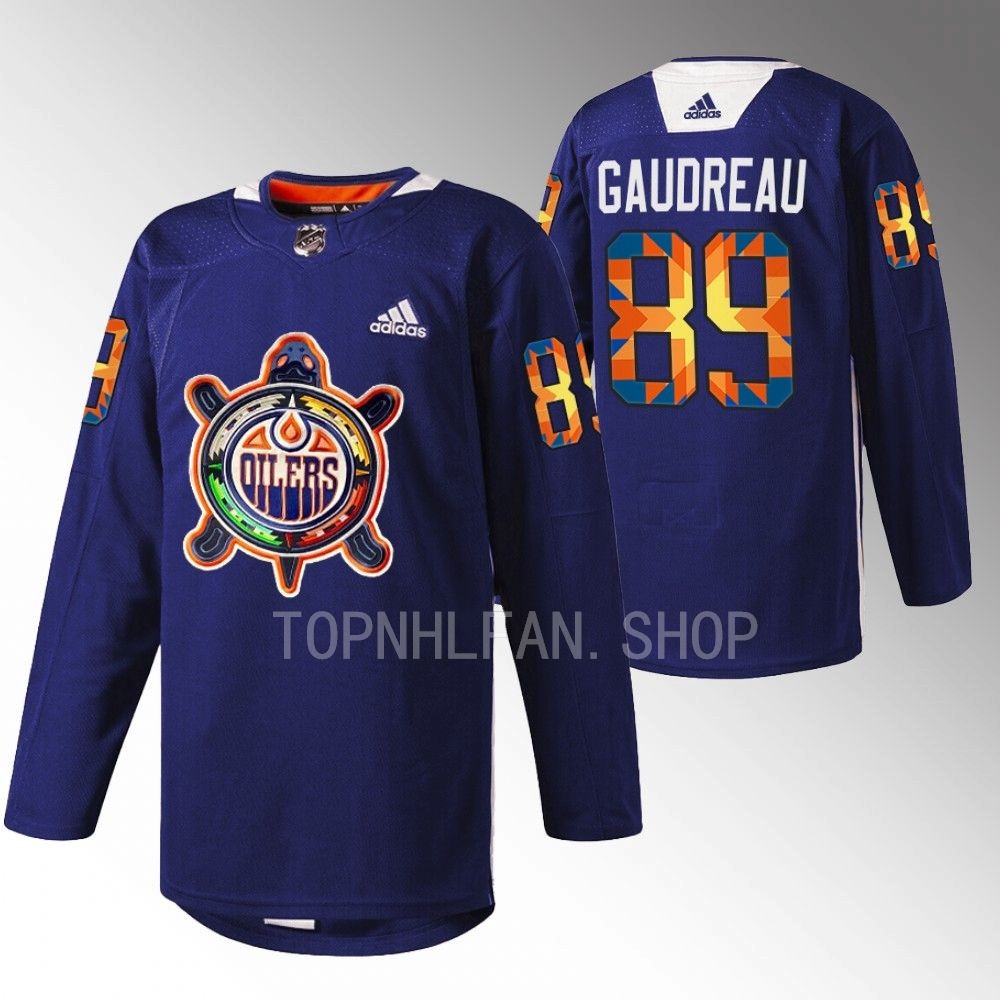 Indigenous Celebration Night Minnesota Wild Frederick Gaudreau 2022 Navy Warmup Jersey men's
