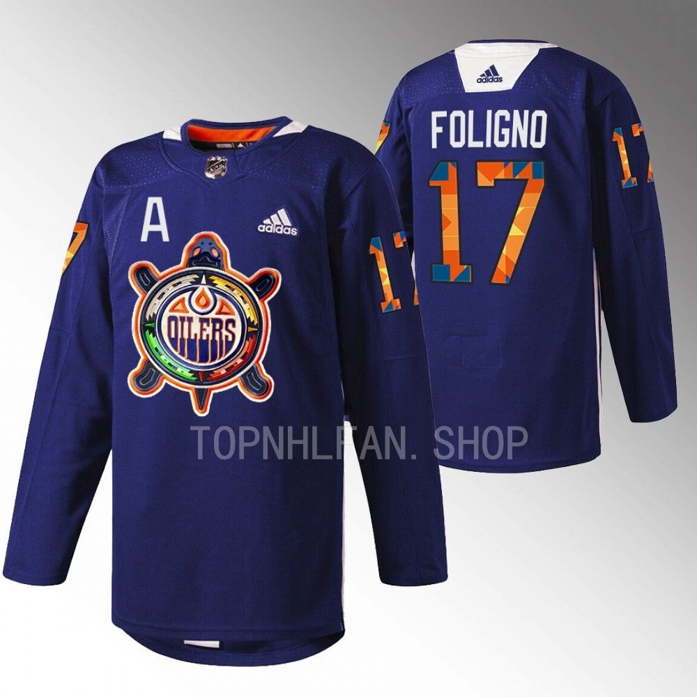 Indigenous Celebration Night Minnesota Wild Marcus Foligno 2022 Navy Warmup Jersey men's