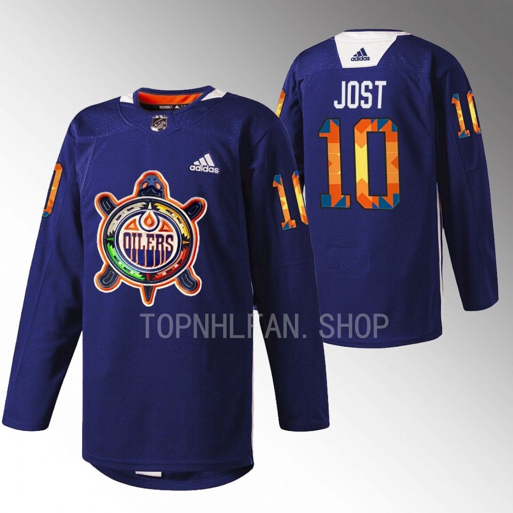 Indigenous Celebration Night Minnesota Wild Tyson Jost 2022 Navy Warmup Jersey men's