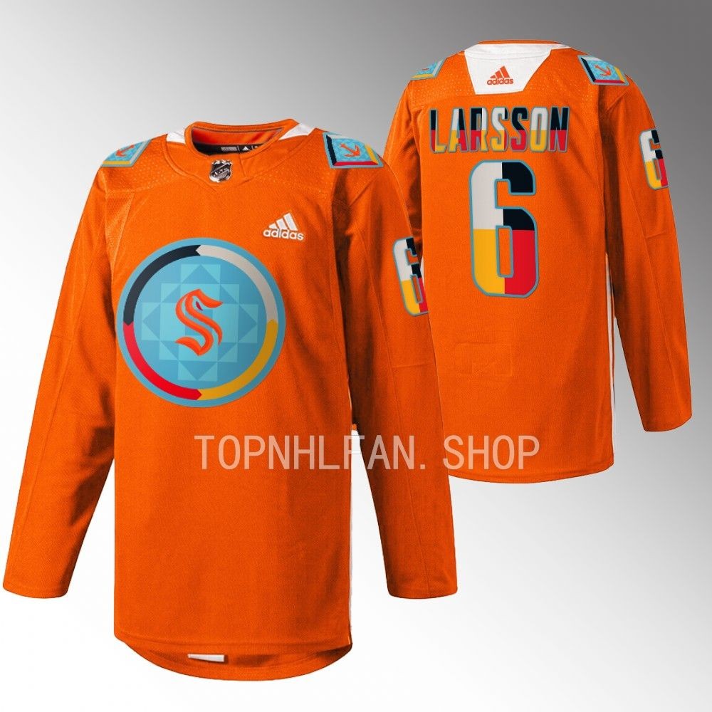 Indigenous People Night Seattle Kraken Adam Larsson 2022 Orange Warmup Jersey men's