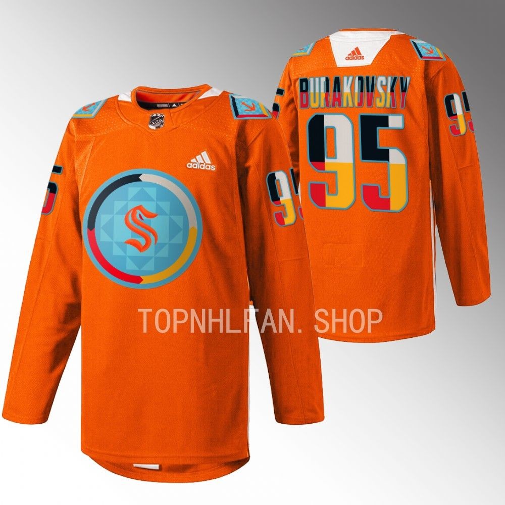 Indigenous People Night Seattle Kraken Andre Burakovsky 2022 Orange Warmup Jersey men's