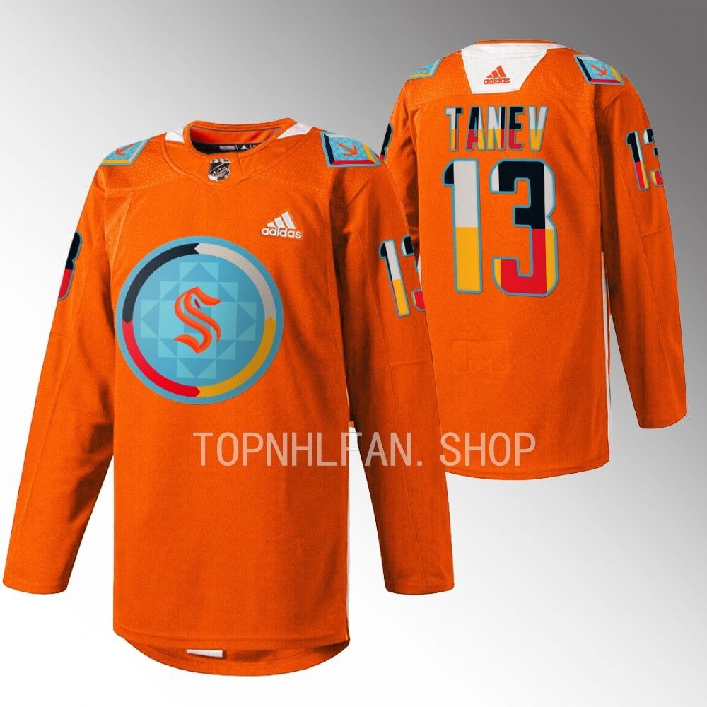 Indigenous People Night Seattle Kraken Brandon Tanev 2022 Orange Warmup Jersey men's