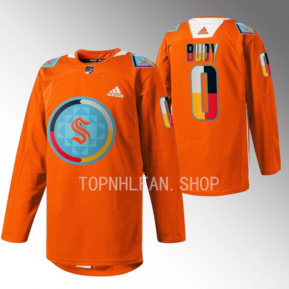Indigenous People Night Seattle Kraken Buoy 2022 Orange Warmup Jersey men's