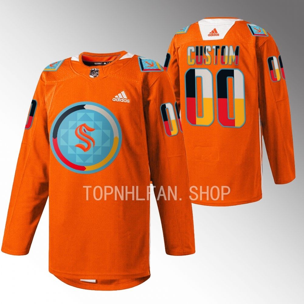 Indigenous People Night Seattle Kraken Custom 2022 Orange Warmup Jersey men's