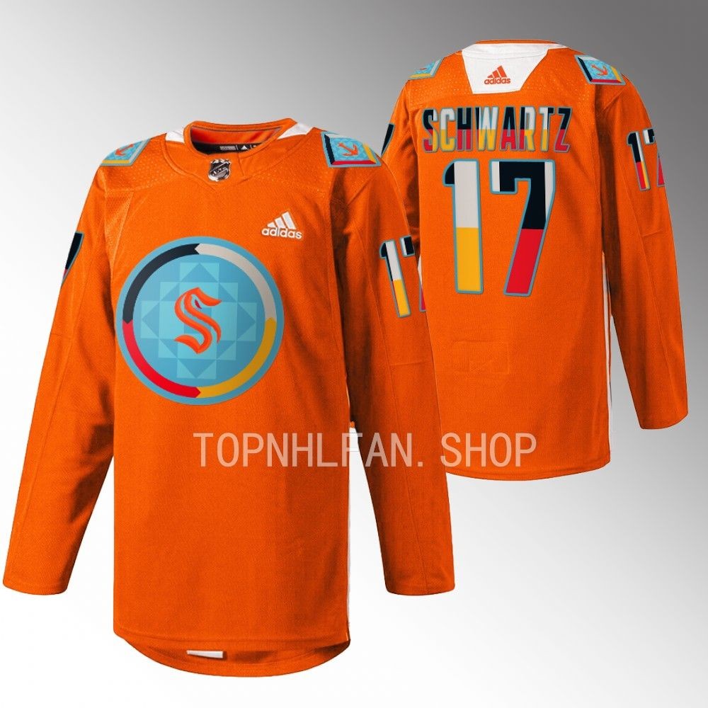 Indigenous People Night Seattle Kraken Jaden Schwartz 2022 Orange Warmup Jersey men's