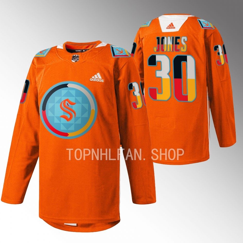 Indigenous People Night Seattle Kraken Martin Jones 2022 Orange Warmup Jersey men's