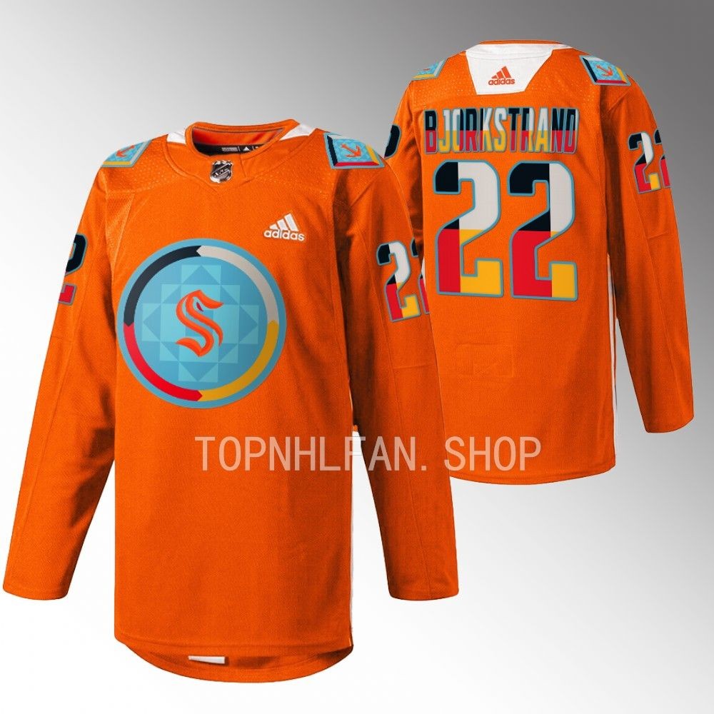 Indigenous People Night Seattle Kraken Oliver Bjorkstrand 2022 Orange Warmup Jersey men's