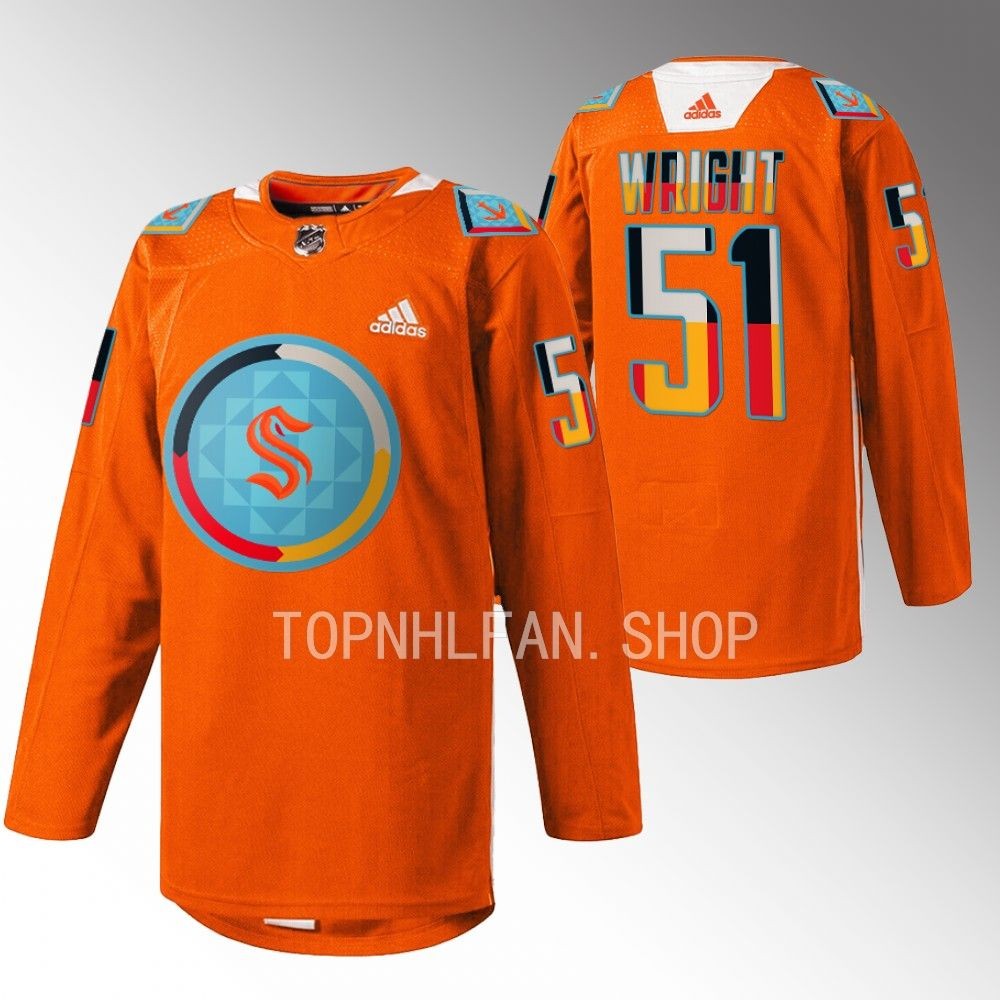 Indigenous People Night Seattle Kraken Shane Wright 2022 Orange Warmup Jersey men's
