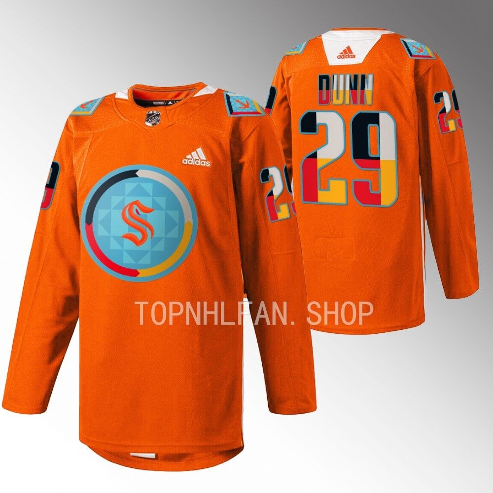 Indigenous People Night Seattle Kraken Vince Dunn 2022 Orange Warmup Jersey men's
