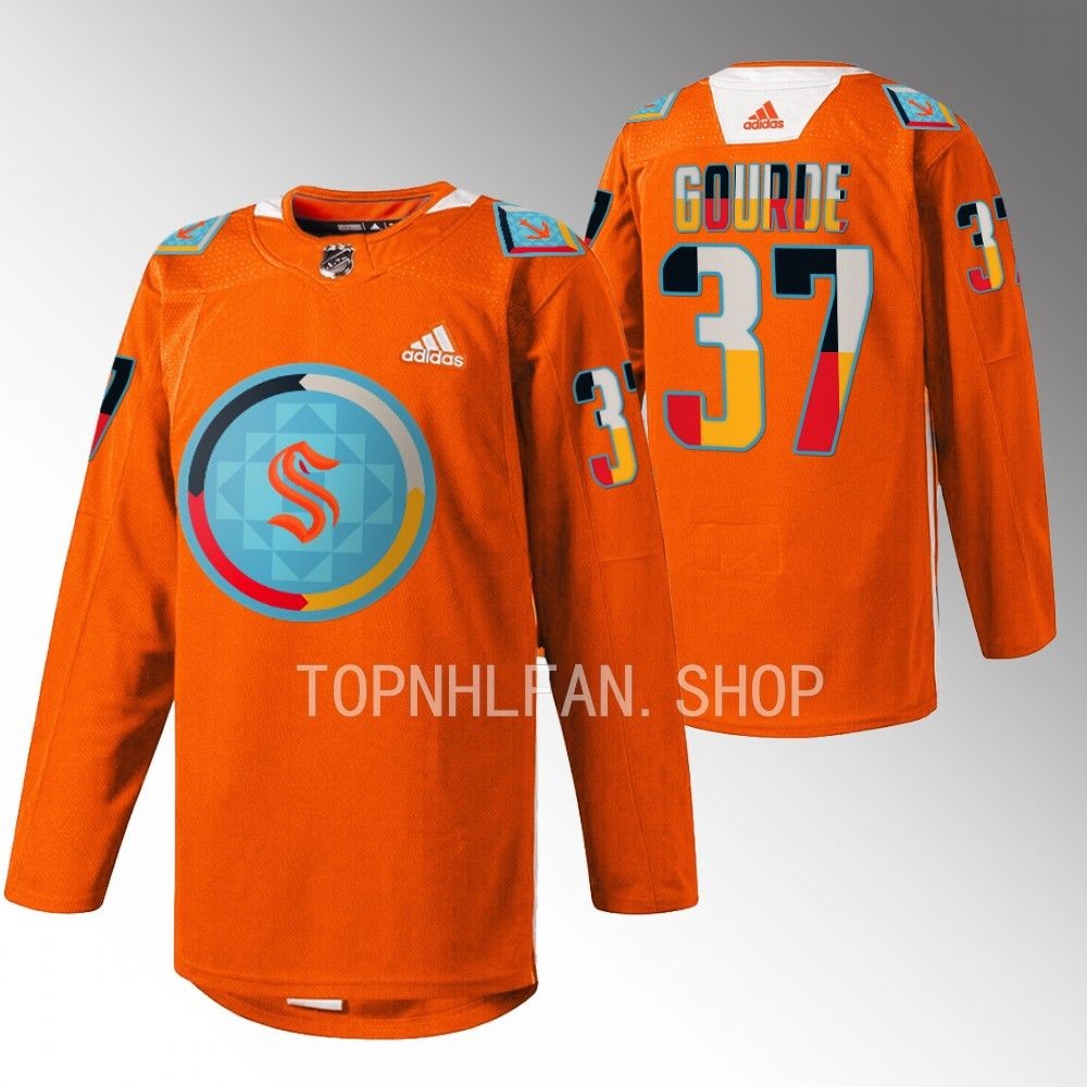 Indigenous People Night Seattle Kraken Yanni Gourde 2022 Orange Warmup Jersey men's