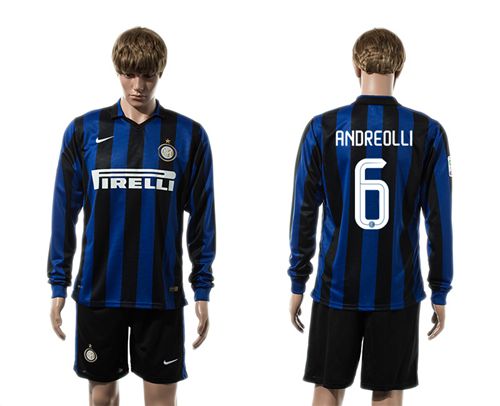 Inter Milan #6 Andreolli Home Long Sleeves Soccer Club Jersey