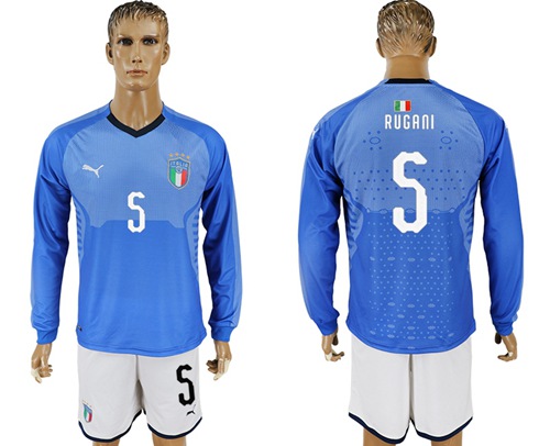 Italy #5 Rugani Blue Home Long Sleeves Soccer Country Jersey