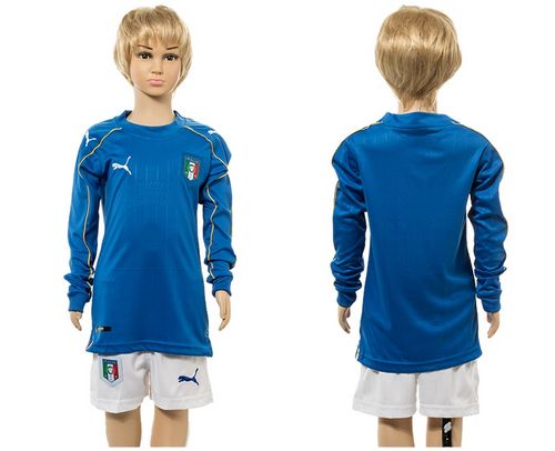 Italy Blank Blue Home Long Sleeve Kid Soccer Country Jersey