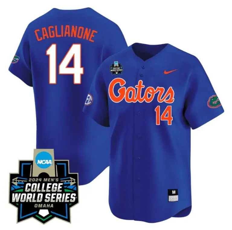 Jac Caglianone Jersey #14 Florida Gators 2024 College World Series Vapor Premier Limited NCAA Baseball Stitched Gators Blue