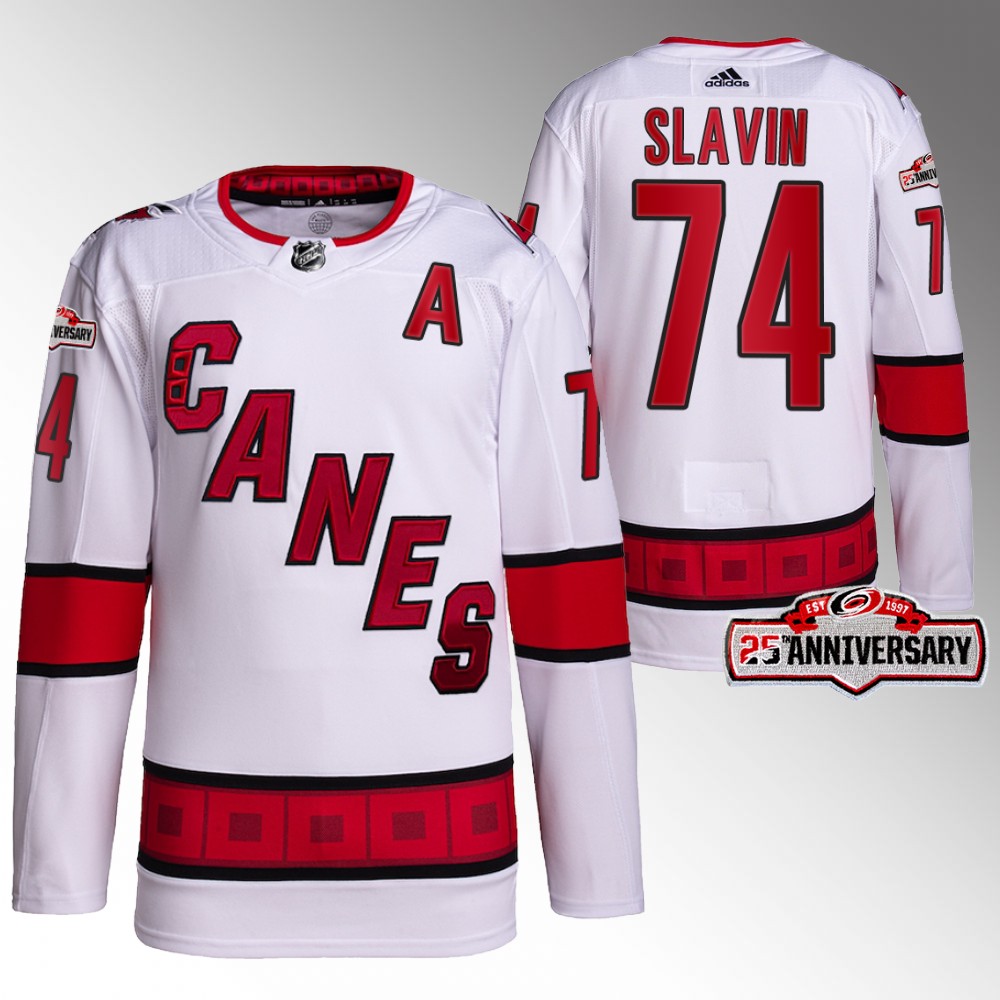 Jaccob Slavin 2022-23 Carolina Hurricanes White Authentic Away 25th Anniversary Jersey