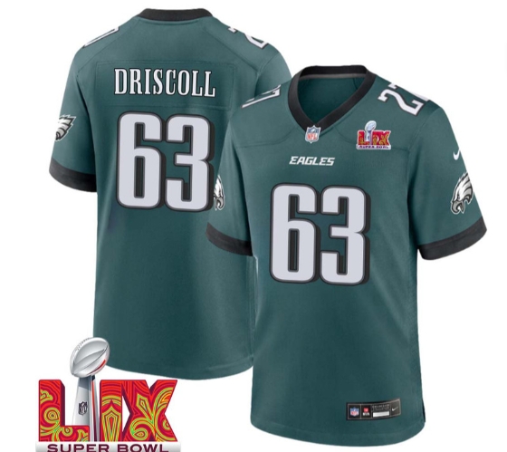 Jack Driscoll No 63 Men Super Bowl LIX Philadelphia Eagles Home Game 2025 Jersey- Replica