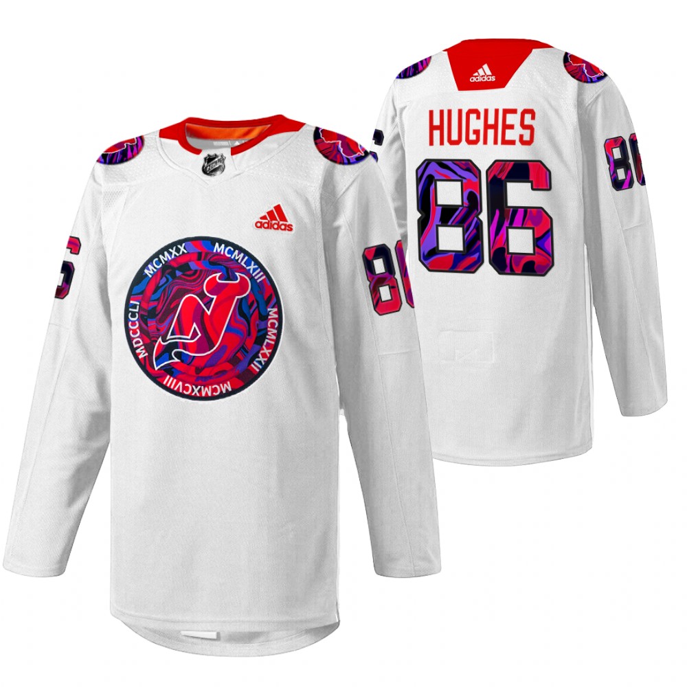 Jack Hughes Devils Gender Equality Night Jersey White Warm-up