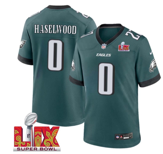 Jadon Haselwood No 0 Men Super Bowl LIX Philadelphia Eagles Home Game 2025 Jersey- Replica