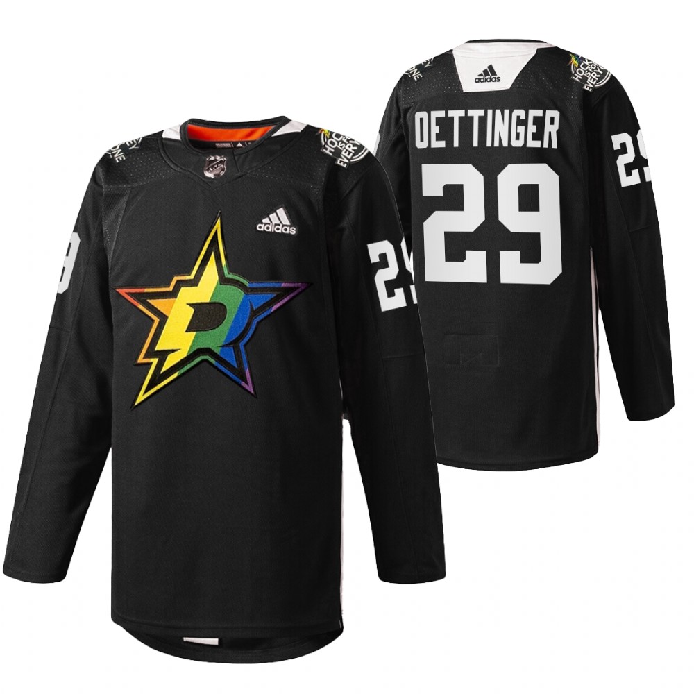 Jake Oettinger Stars Pride Night 2022 Jersey Black Warmup