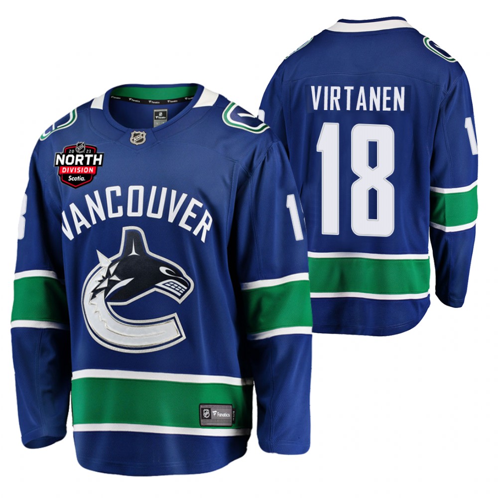 Jake Virtanen Canucks 2021 North Division Patch Jersey Blue Home
