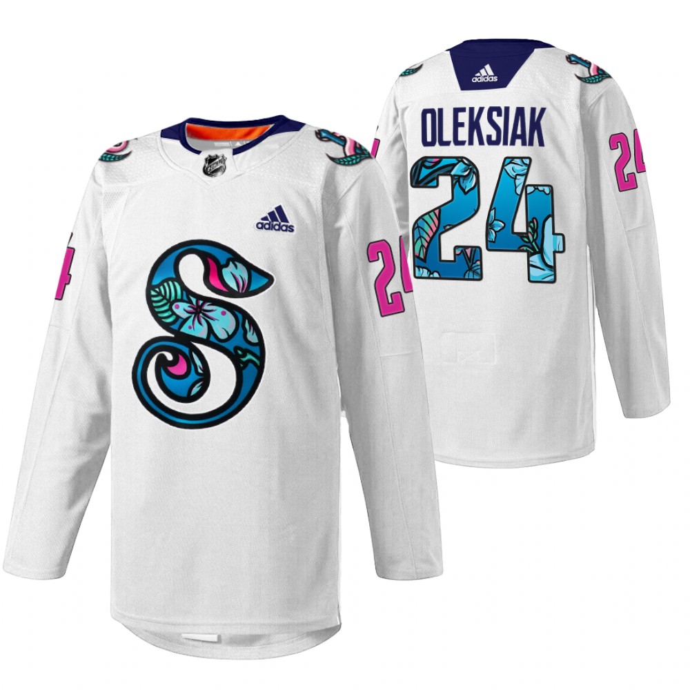 Jamie Oleksiak Kraken Pride Night Jersey White Warmup