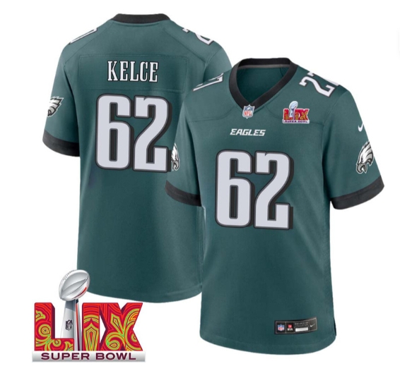 Jason Kelce No 62 Men Super Bowl LIX Philadelphia Eagles Home Game 2025 Jersey- Replica