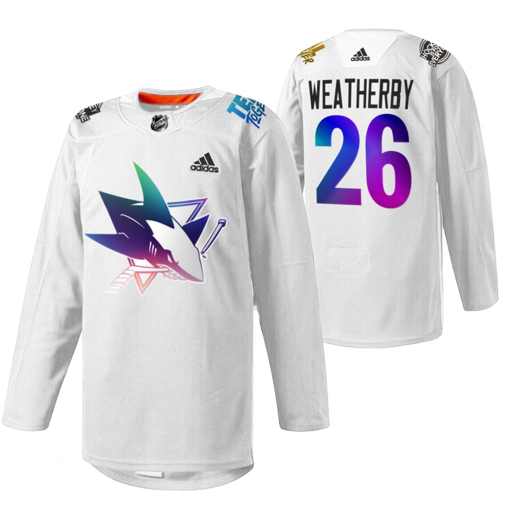 Jasper Weatherby Sharks Pride Night 2022 Jersey White HockeyIsForEveryone