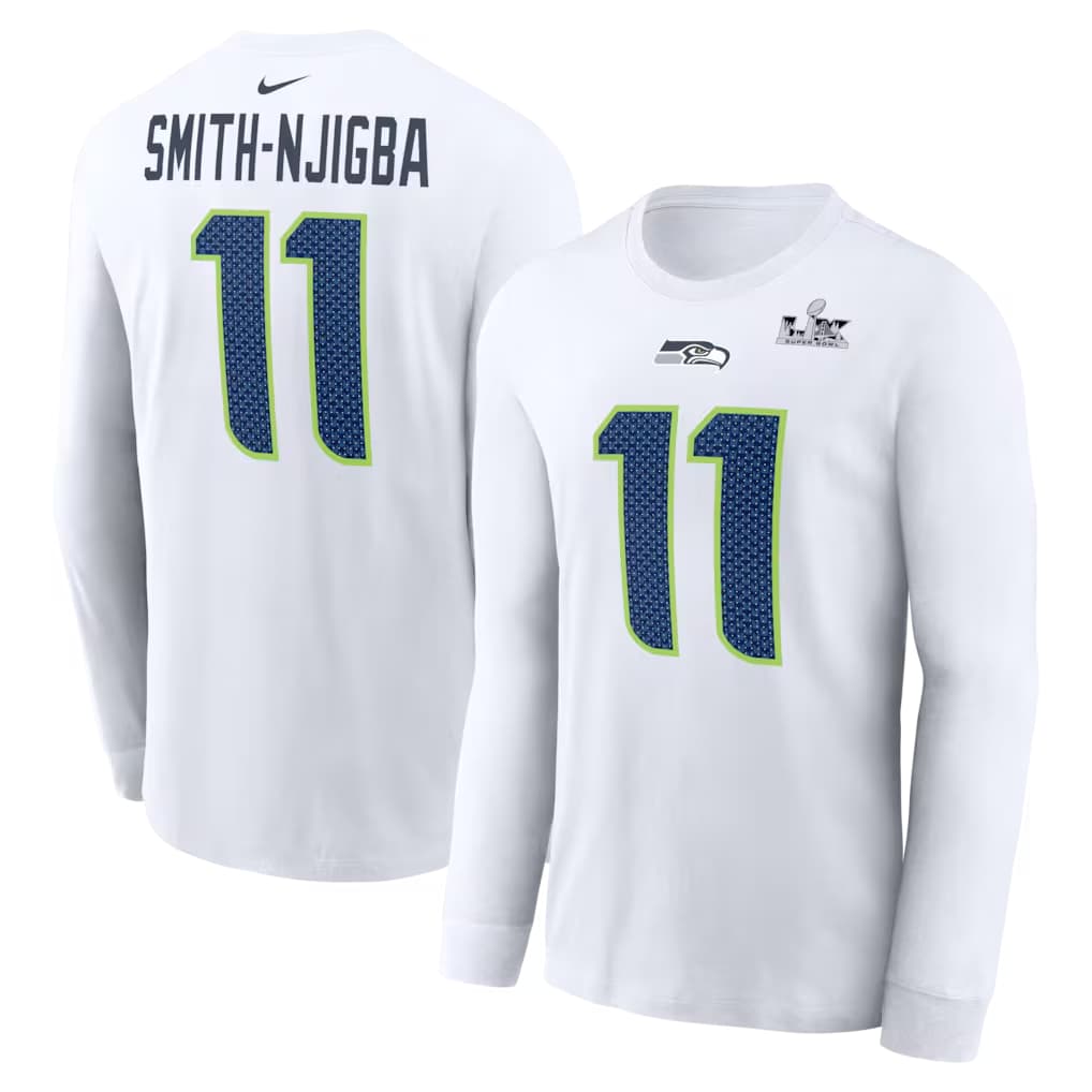 Jaxon Smith-Njigba Seattle Seahawks Nike Super Bowl LX Champions Patch Name & Number Long Sleeve T-Shirt - White