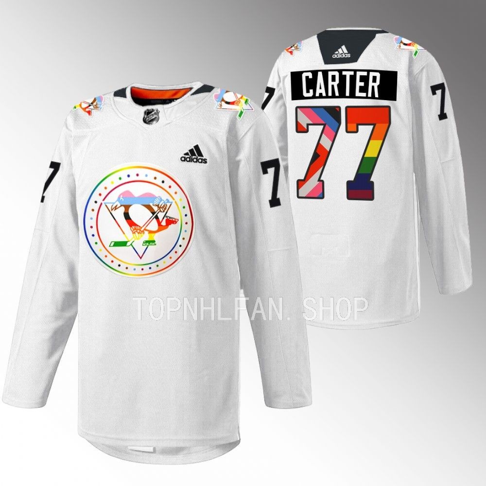 Jeff Carter Penguins Pride warmup Jersey White Rainbow