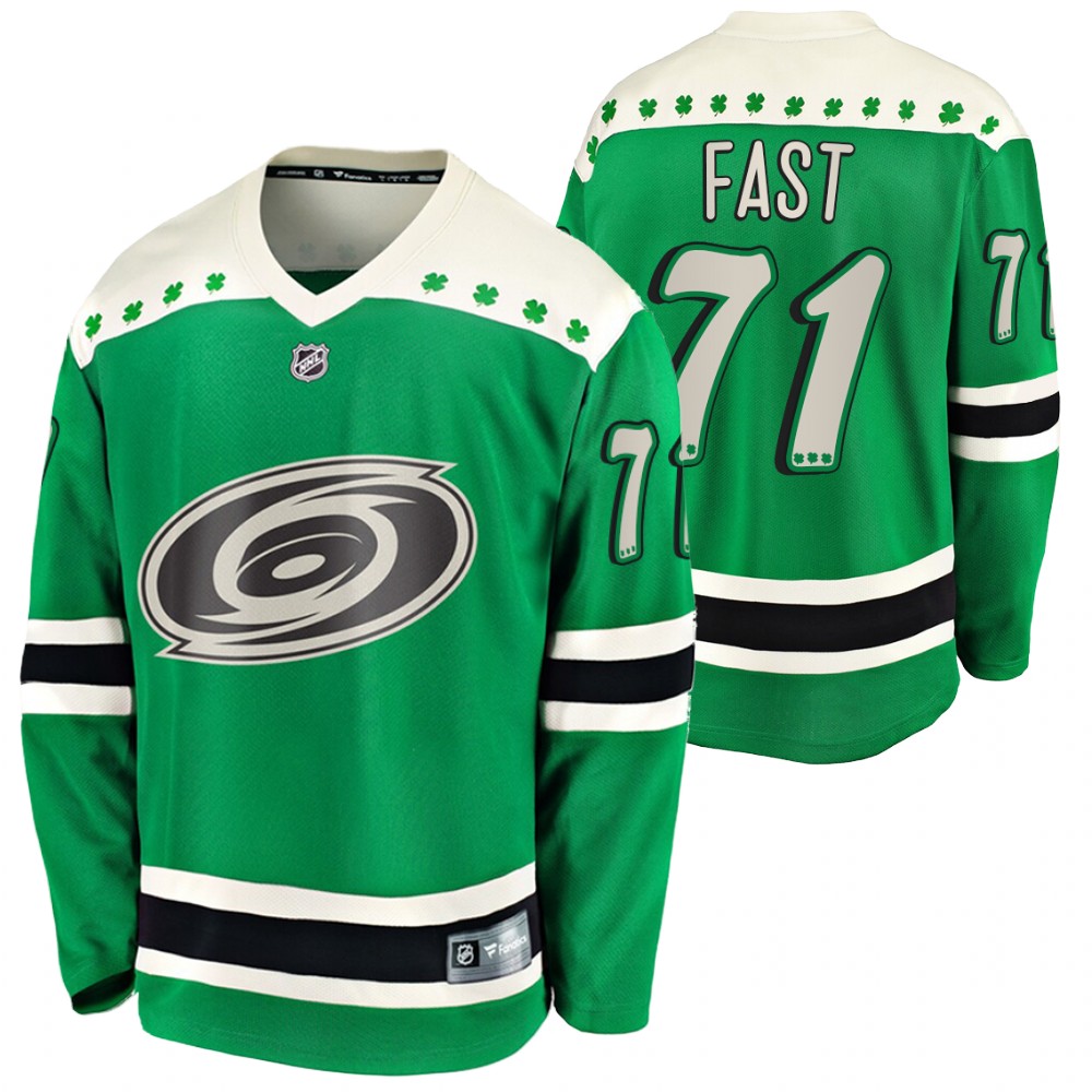 Jesper Fast Hurricanes 2021 St Patricks Day Green #71 Jersey