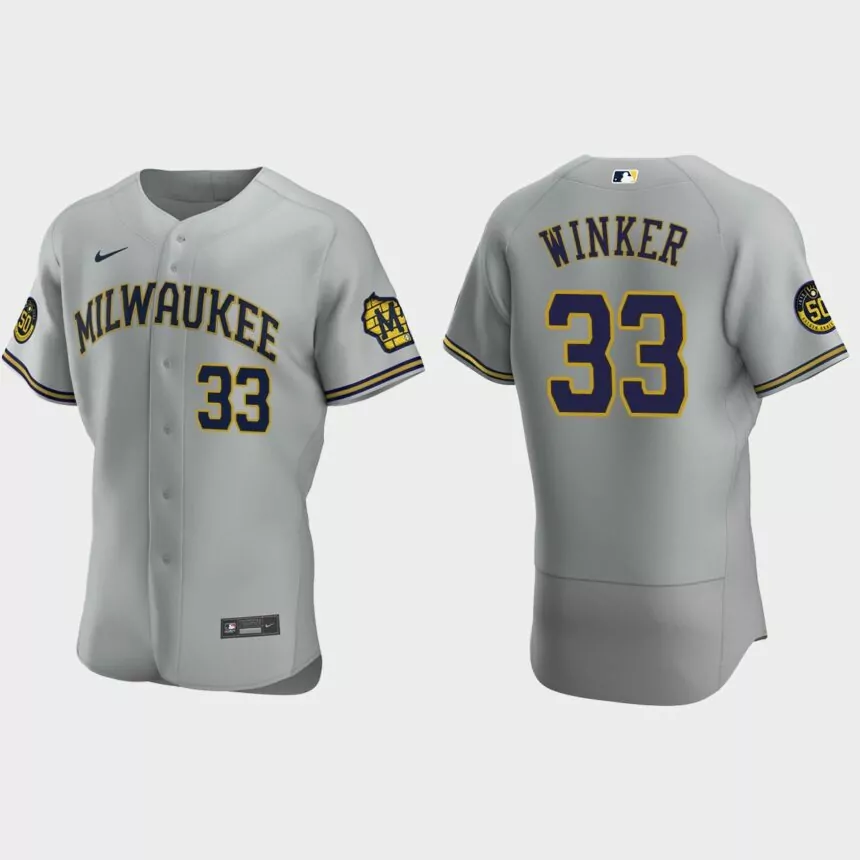 Jesse Winker Milwaukee Brewers Authentic Road Jersey – Gray