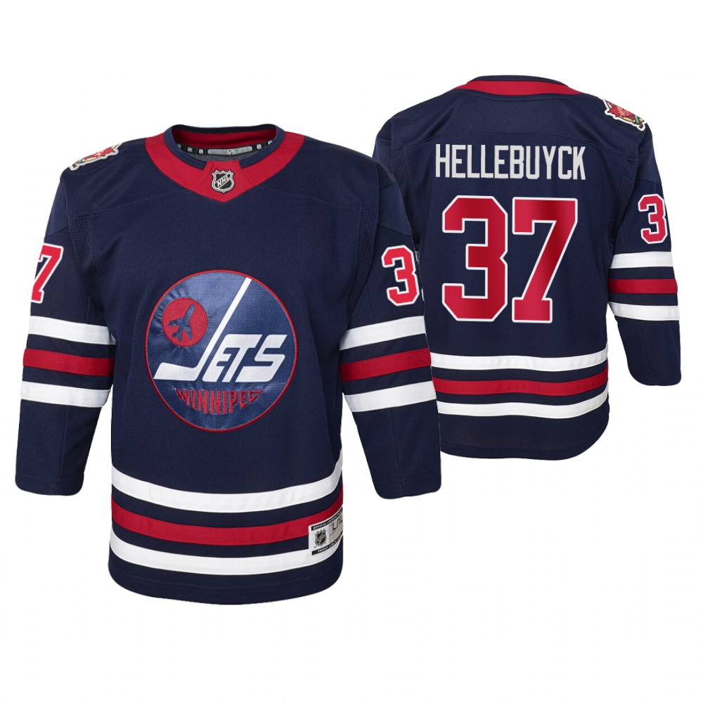 Jets Connor Hellebuyck Navy Youth 2019 Heritage Classic Jersey
