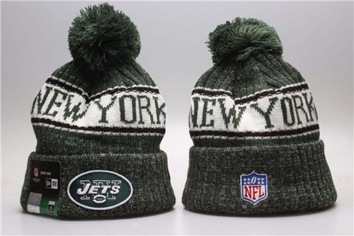 Jets Team Logo Green Pom Knit Hat YP