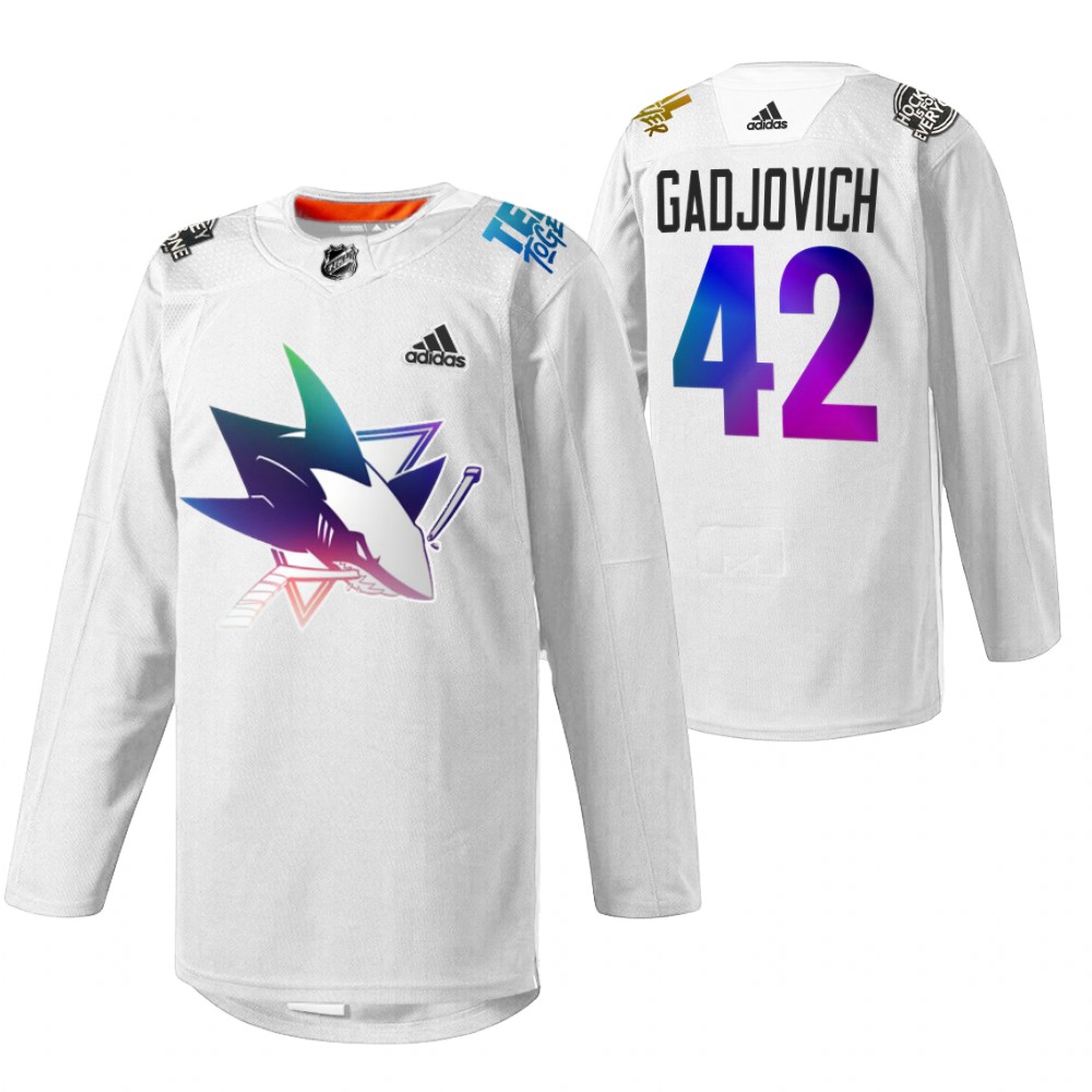 Jonah Gadjovich Sharks Pride Night 2022 Jersey White HockeyIsForEveryone