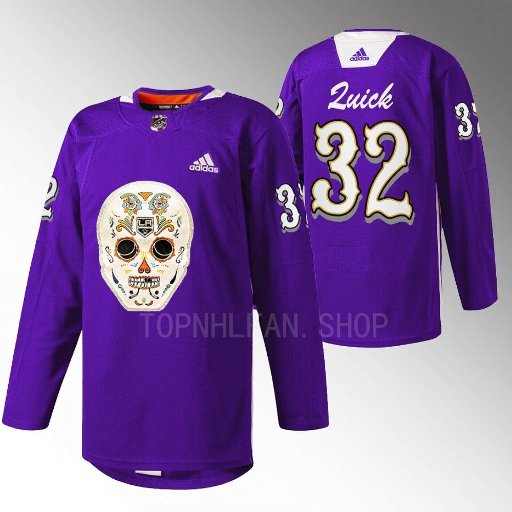 Jonathan Quick LA Kings Dia De Los Metros Night Jersey Purple Sugar Skull warmup