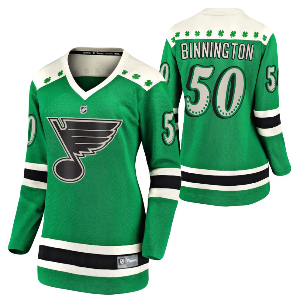 Jordan Binnington #50 Blues 2021 St. Patrick's Day Women Jersey Green