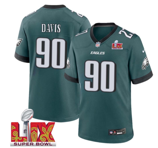 Jordan Davis No 90 Men Super Bowl LIX Philadelphia Eagles Home Game 2025 Jersey- Replica