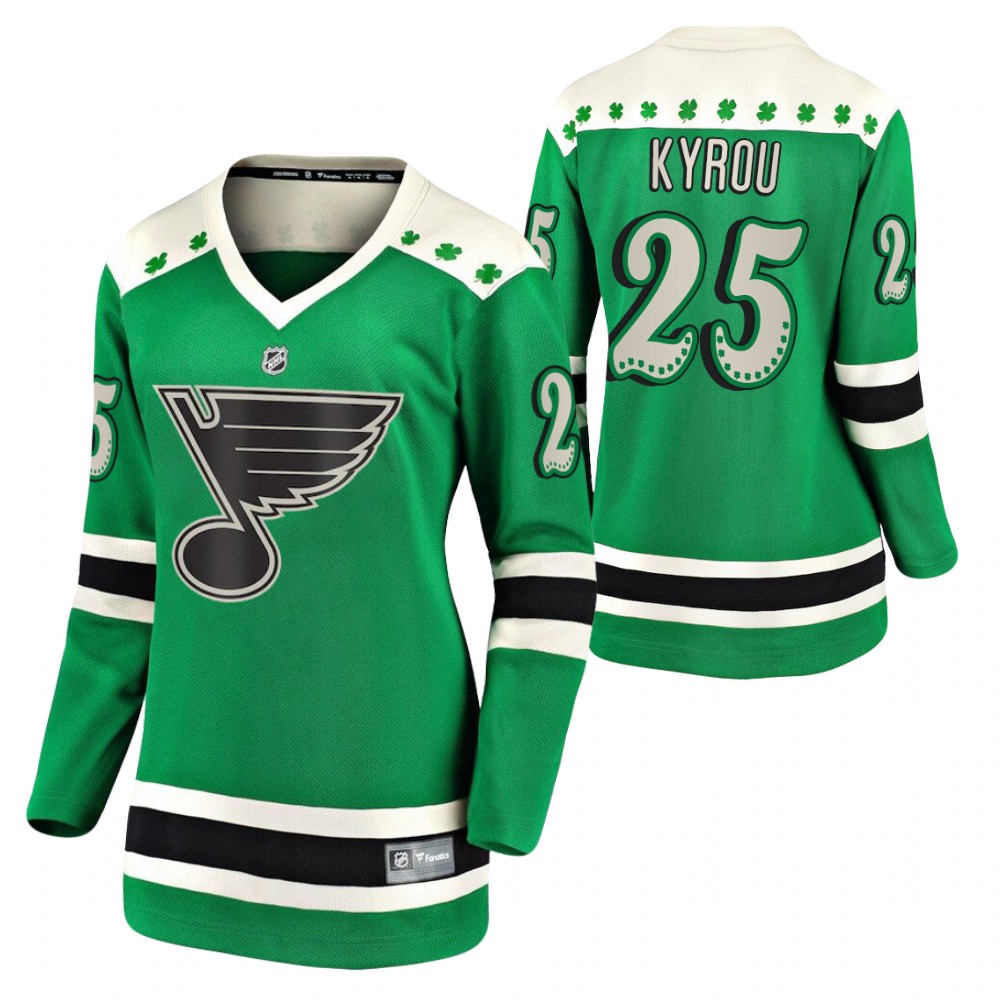 Jordan Kyrou #25 Blues 2021 St. Patrick's Day Women Jersey Green