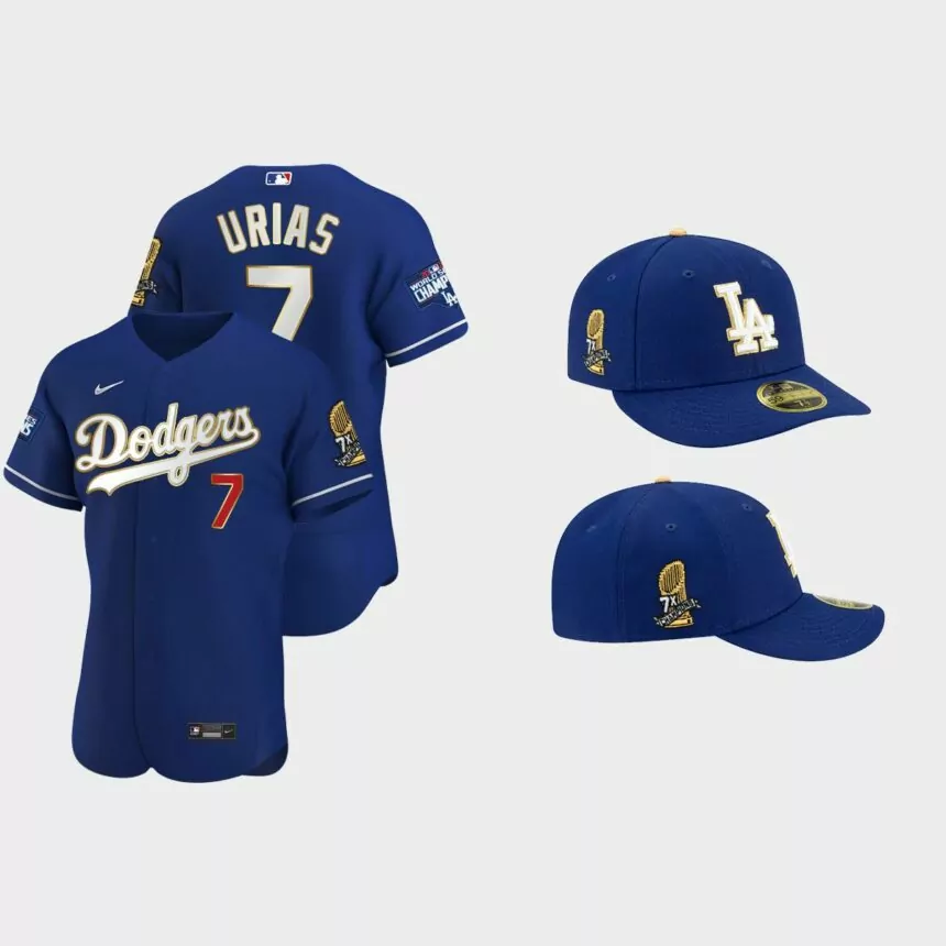 Julio Urias Los Angeles Dodgers 7X Champs Trophy Jersey Cap Jersey – Royal