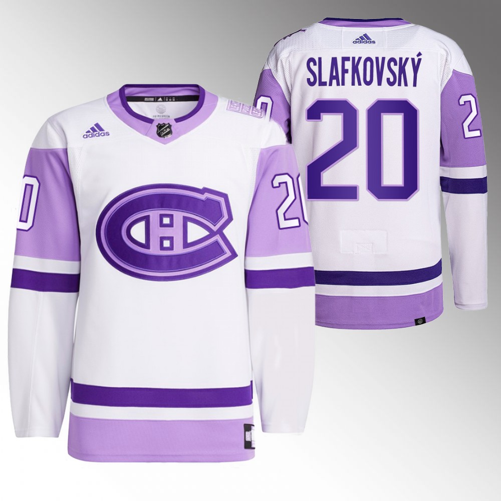 Juraj Slafkovsky Canadiens Hockey Fights Cancer Jersey White Purple 2022 NHL Draft