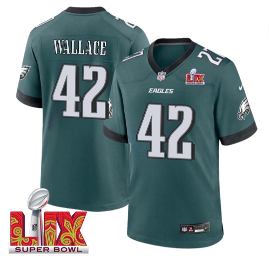 K’Von Wallace No 42 Men Super Bowl LIX Philadelphia Eagles Home Game 2025 Jersey- Replica