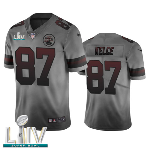 Kansas City Chiefs #87 Travis Kelce Smoky Gray Super Bowl LIV 2020 Men's Nike Vapor Limited City Edition NFL Jersey