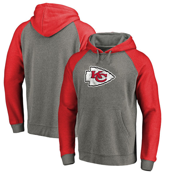 Kansas City Chiefs NFL Pro Line By Fanatics Branded Throwback Logo Tri-Blend Raglan Pullover Hoodie Gray Red