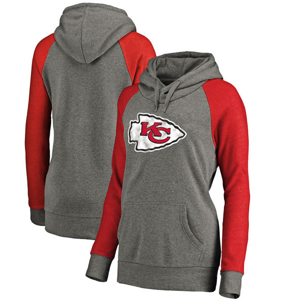 Kansas City Chiefs NFL Pro Line By Fanatics Branded Women's Throwback Logo Tri-Blend Raglan Plus Size Pullover Hoodie Gray Red