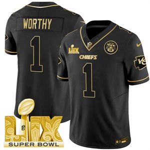 Kansas City Chiefs Super Bowl LIX Patch Vapor Limited   Jersey - All Stitched  Black Gold 1Xavier Worthy