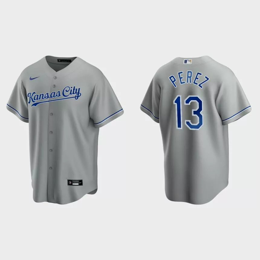 Kansas City Royals #13 Salvador Perez Cool Base Replica Road Jersey – Gray