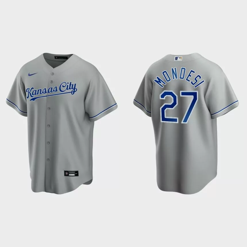 Kansas City Royals #27 Adalberto Mondesi Cool Base Replica Road Jersey – Gray