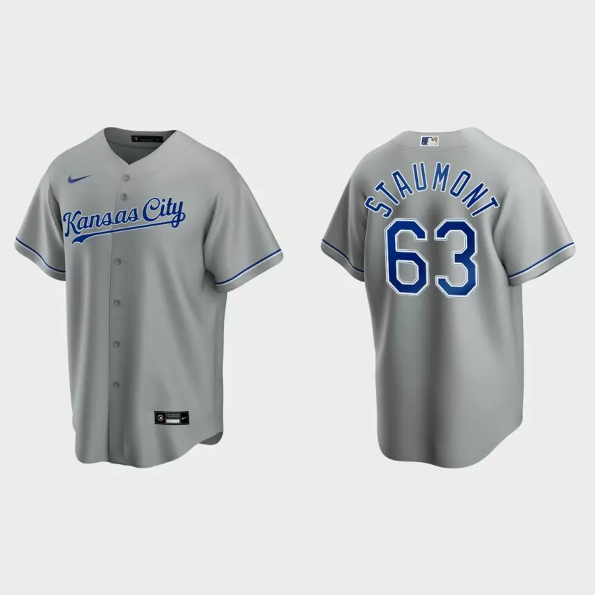 Kansas City Royals #63 Josh Staumont Cool Base Replica Road Jersey – Gray