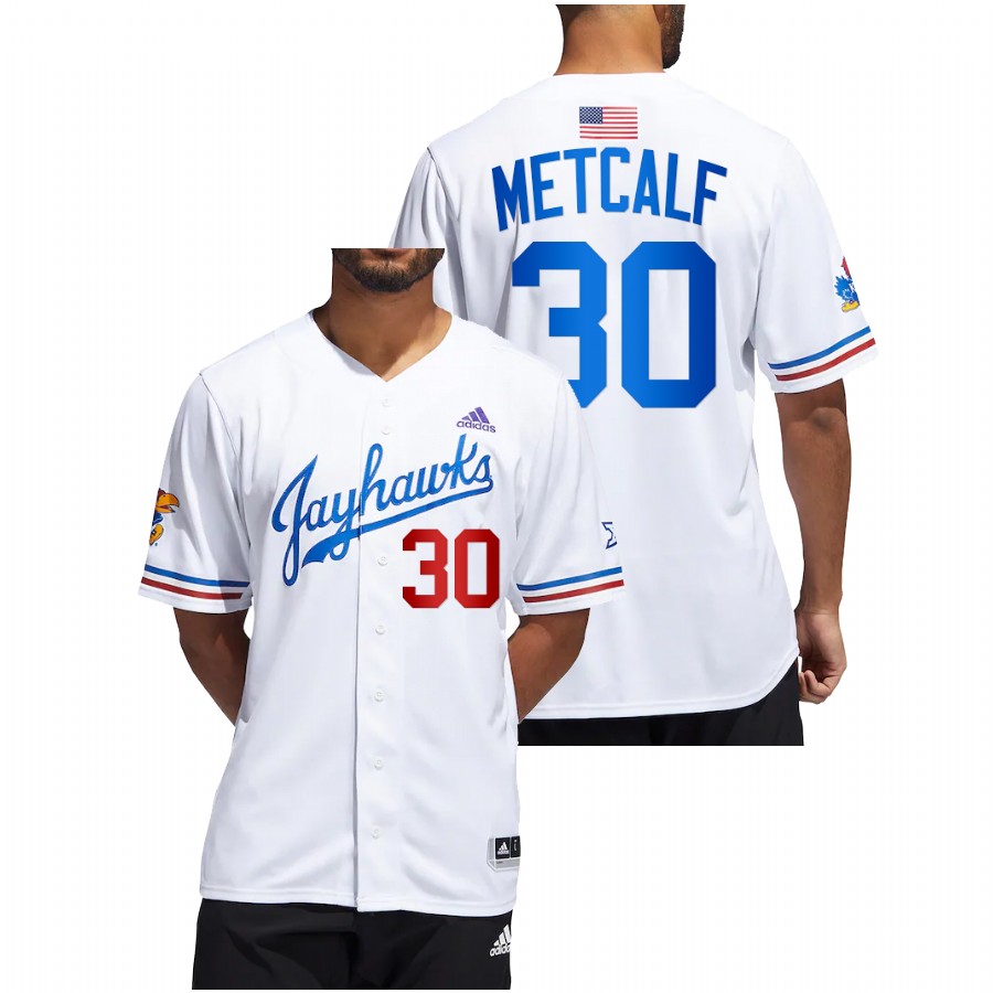 Kansas Jayhawks Nolan Metcalf Men White College Baseball Button-Up Jersey