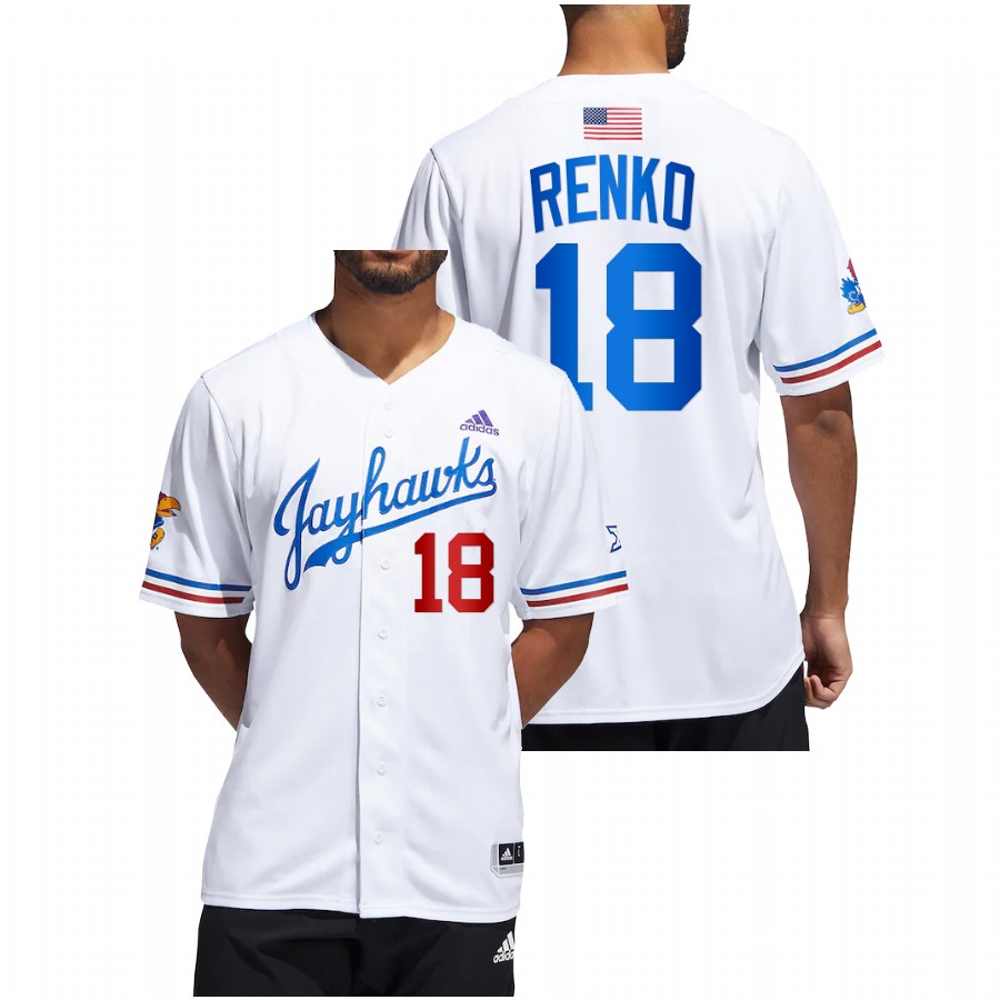 Kansas Jayhawks Steve Renko Men White College Baseball Button-Up Jersey